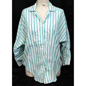 VTG 80s Summerfield Striped Button up Blouse Shirt Lg Teal Blue Preppy Classic